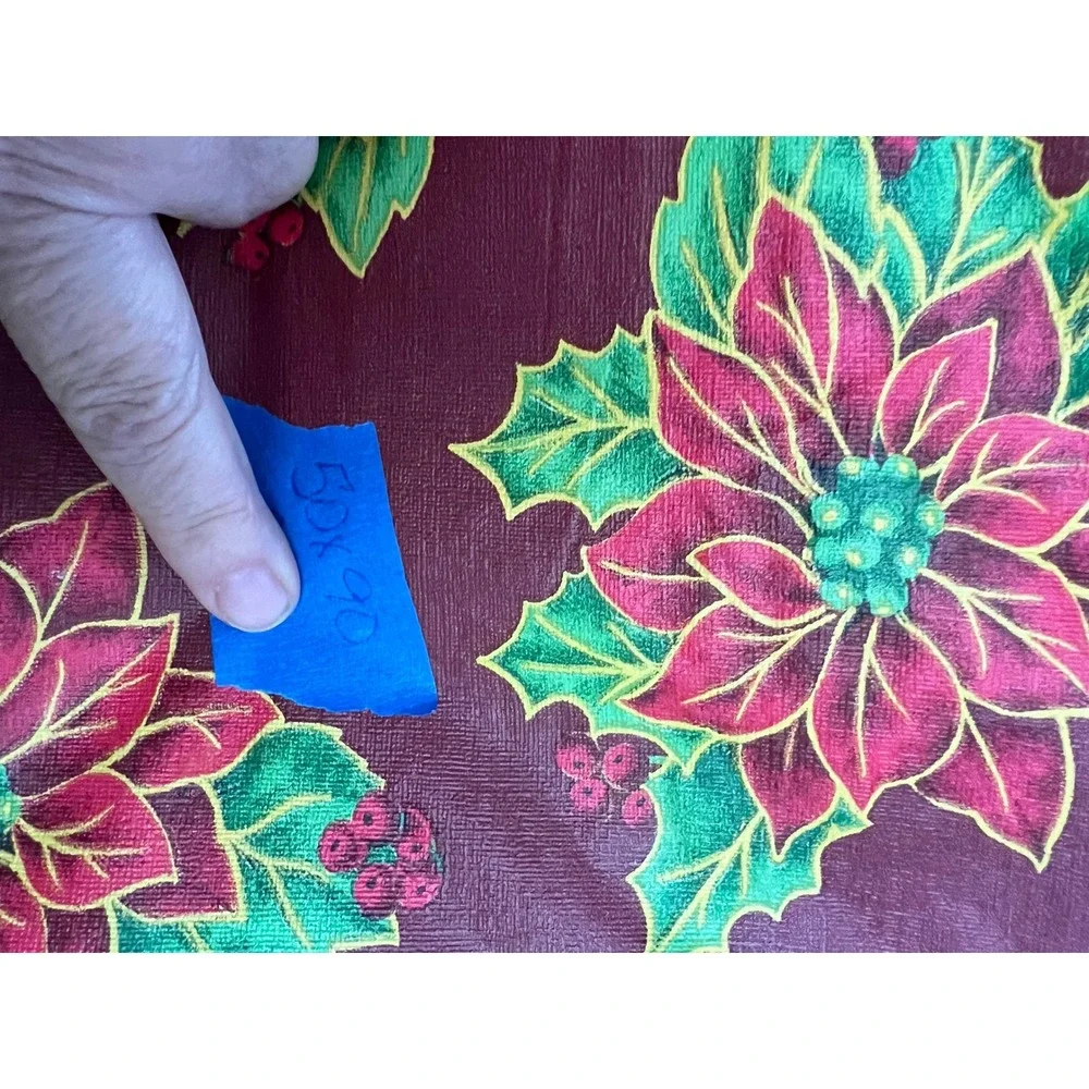 Vintage Christmas Poinsettia Vinyl Tablecloth Burgundy Red Green 50x90 Rect